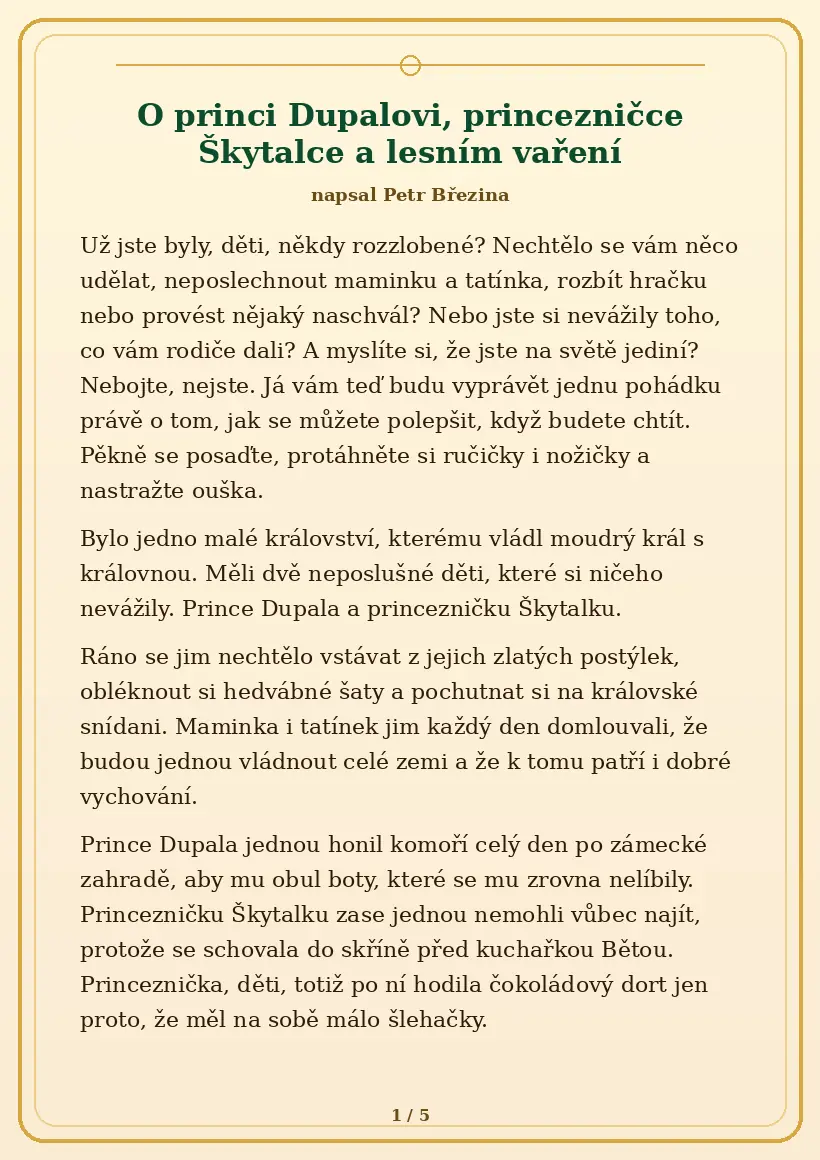 Strana 1 pohádky O princi Dupalovi, princezničce Škytalce a lesním vaření